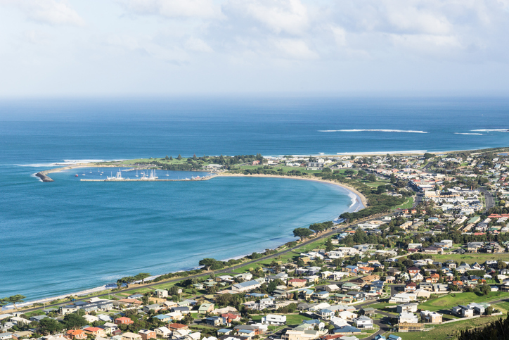 Aerial view of Apollo bay by the Great Ocean Road in Australia