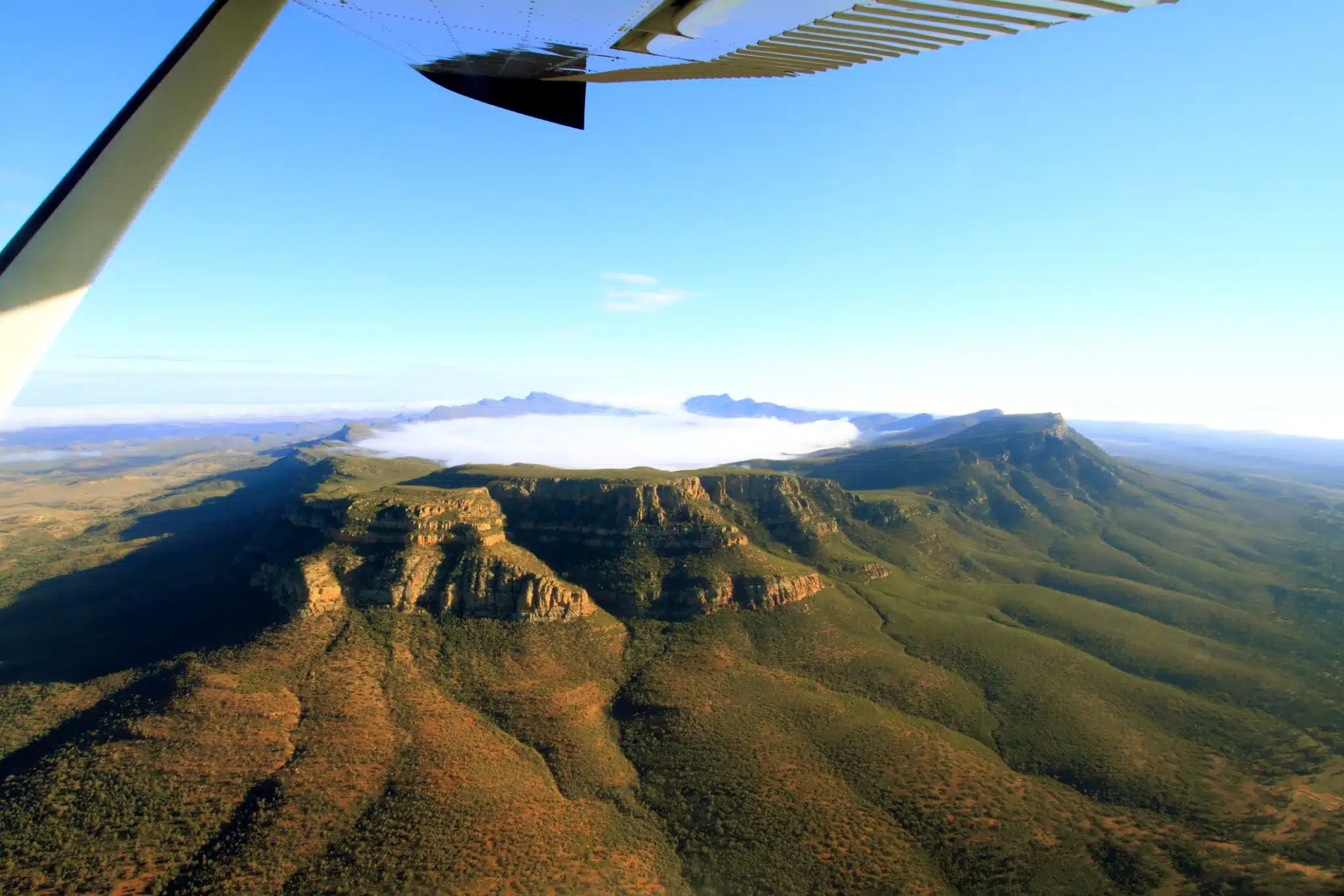 Wilpena Pound, viewed from a light aircraft, is a magnificent natural amphitheatre and the centrepiece of the Flinders Ranges National Park in Australia.